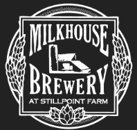 A black and white logo for Milkhouse Brewery at Stillpoint Farm in New Market MD features bold, stylized text with an illustration of a barn in the center, surrounded by hop cones and leaves on both sides and at the bottom.