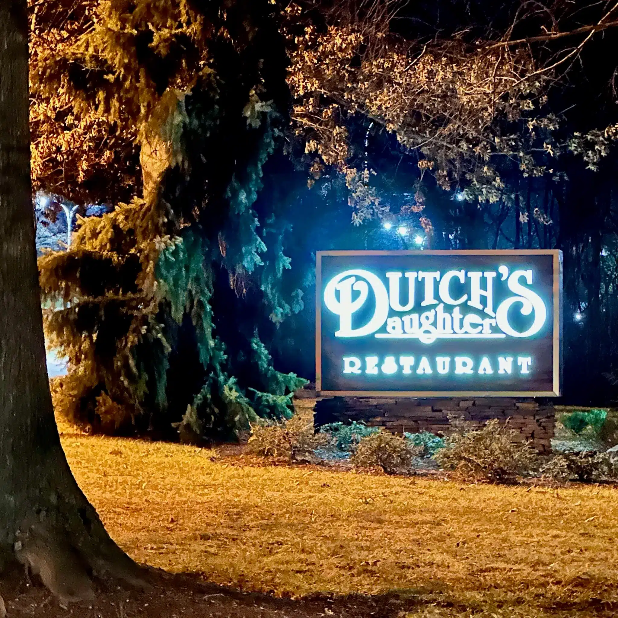 a Brightly Lit Sign at Night Reads Dutchs Daughter Restaurant One of the Best Bars in Frederick the Sign is Surrounded by Greenery and Trees with Fallen Leaves Covering the Ground and a Warm Glow Shining Against the Dark Wooded Background
