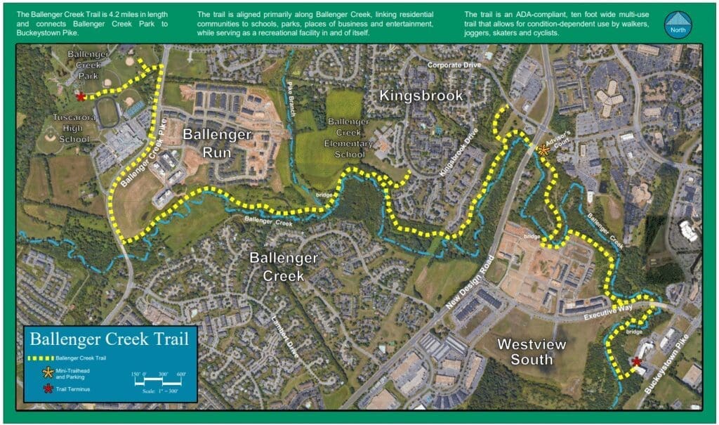 Map Showing Ballenger Creek Trail One of the Popular Bike Trails Near Frederick Md the Blue Trail Runs 42 Miles Through Residential Areas Parks and Schools Yellow Dots Mark the Path Landmarks and Nearby Roads Like Ballenger Run and Kingsbrook Are Labeled
