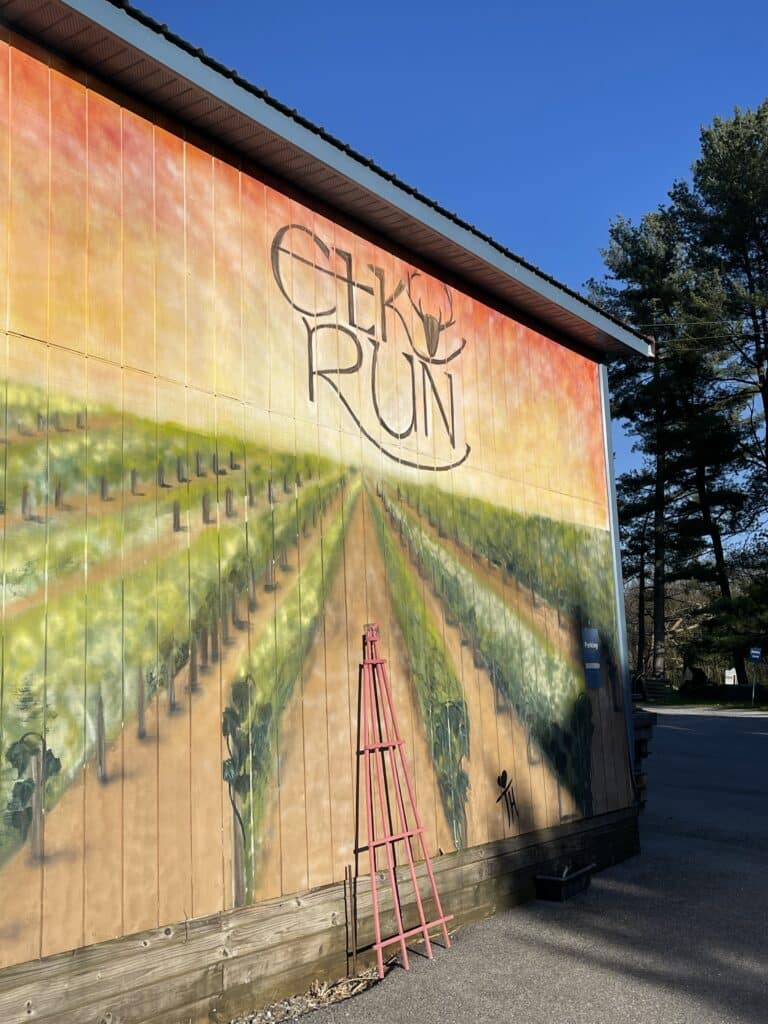 a Mural on a Building in Mt Airy Md Shows Rows of Grapevines Stretching into the Distance Below a Warm Orange Sky Elk Run is Painted at the Top with an Elk Antler Motif a Red Metal Ladder Leans Against the Wall Trees and Blue Sky Behind