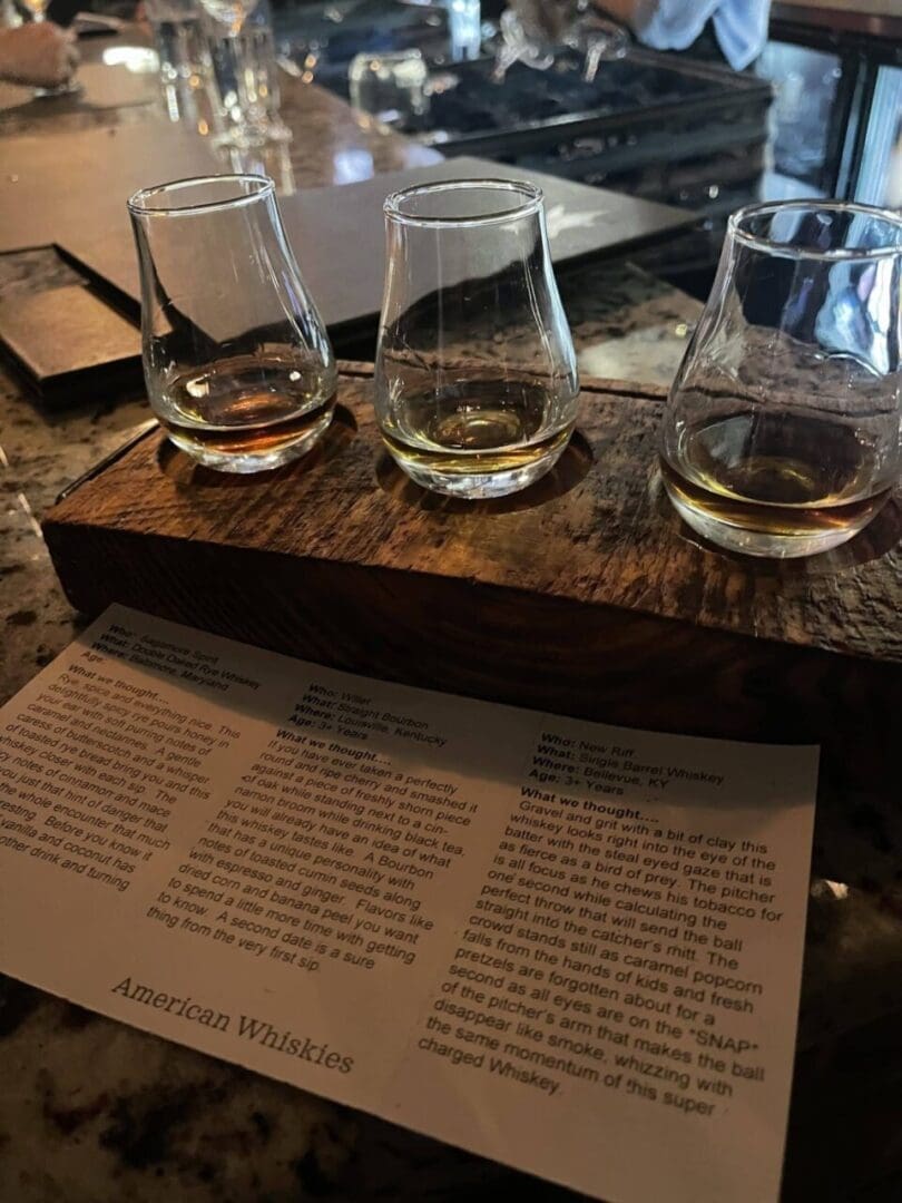 A wiskey flight at the bar at the Wine Kitchen on the Creek in Frederick, MD. One of the great aspects of this Frederick restaurant.