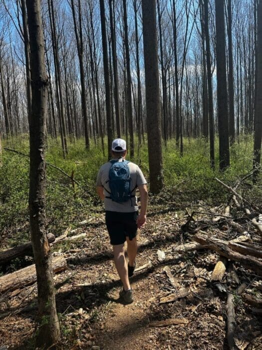 a Person Wearing a White Cap Gray T shirt Shorts and a Blue Backpack Walks on a Narrow Dirt Trail Through a Forest of Tall Leafless Trees Under a Blue Skyone of the Best Hikes Around Frederick Md Green Undergrowth and Fallen Branches Line the Floor
