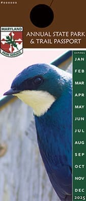 A vertical Maryland State Parks annual passport card features a close-up photo of a blue and white bird perched near a wooden post, evoking the natural beauty found at Cunningham Falls State Park. The park logo and expiration months appear beside the bird.