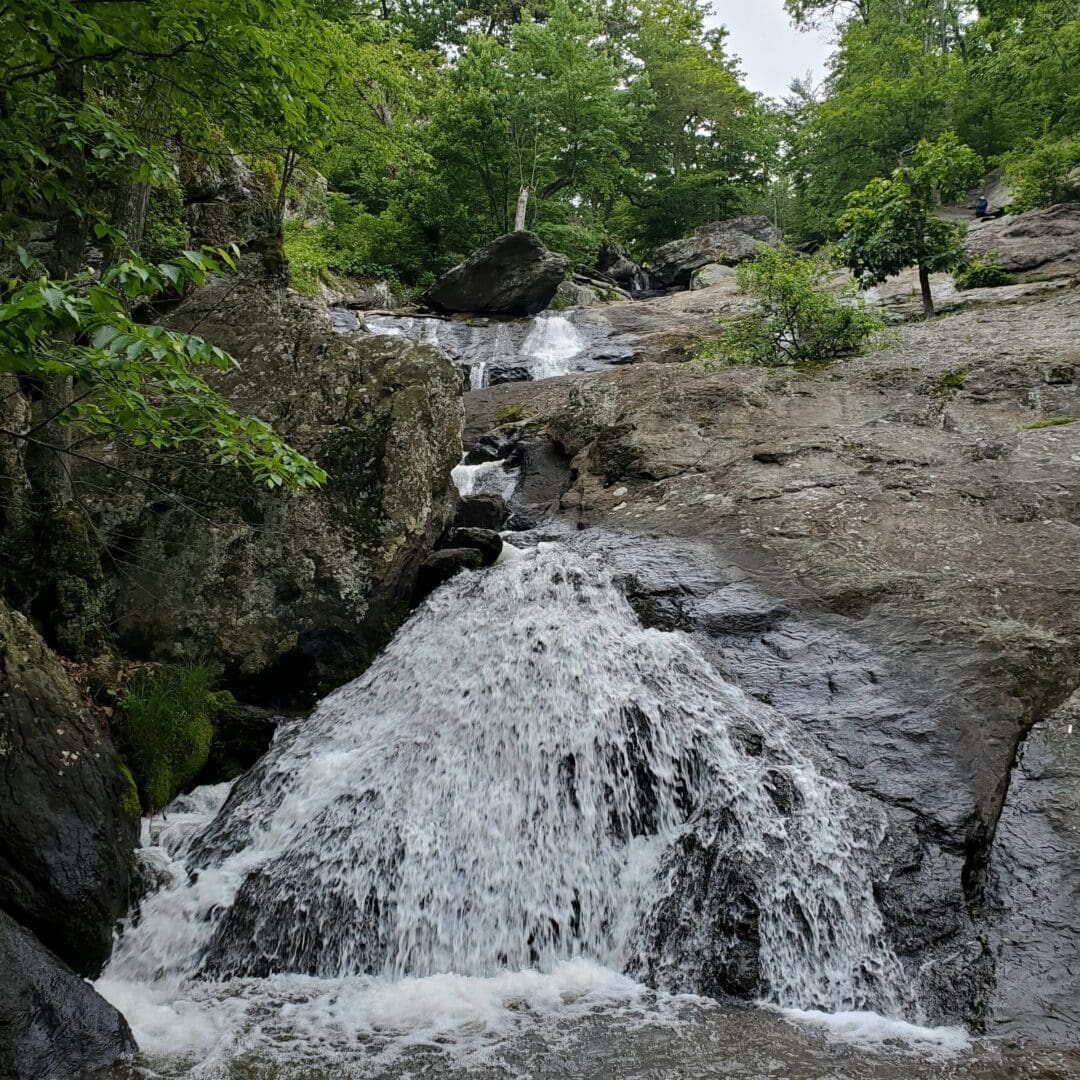 A waterfall cascades down dark, rocky terrain at Cunningham Falls State Park, surrounded by lush green trees and vegetation. White foam and mist form as water flows quickly over the rocks, creating a serene forest setting.