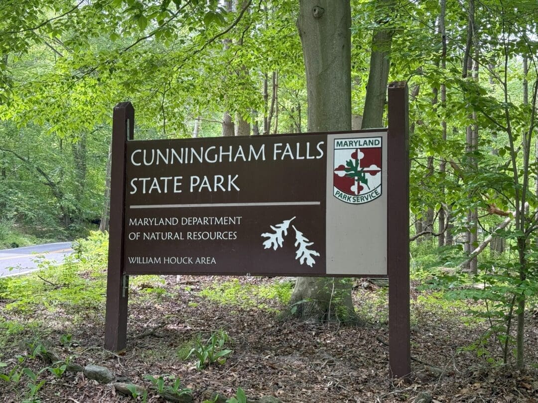 A wooden sign for Cunningham Falls State Park stands in a forested area near Mt Airy, MD. The sign features the Maryland Park Service logo, white oak leaves, and text for the Maryland Department of Natural Resources, William Houck Area. Lush green trees surround it.