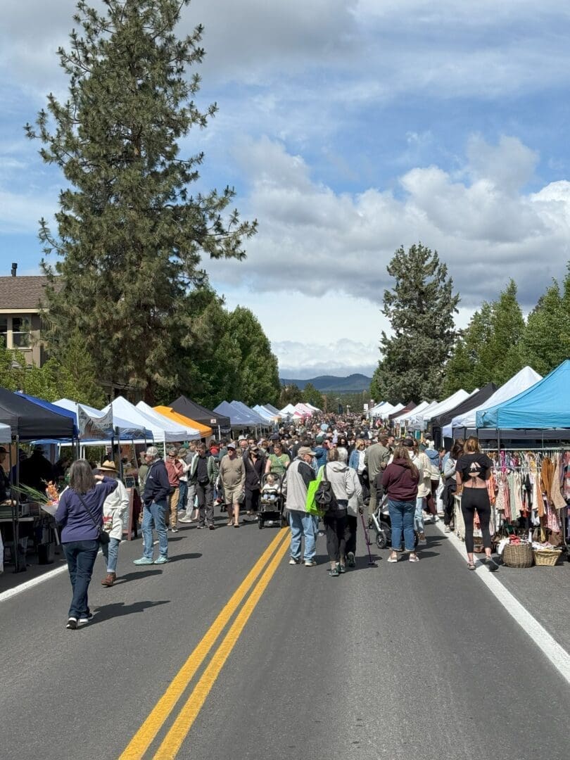 a Bustling Outdoor Market Fills a Closed off Street Lined with Vendor Tents Shoppers Walk Along the Road Browsing Stalls with Clothing and Crafts Tall Trees Border the Scene and Cloudy Blue Skies Are Visible Above the Lively Crowd