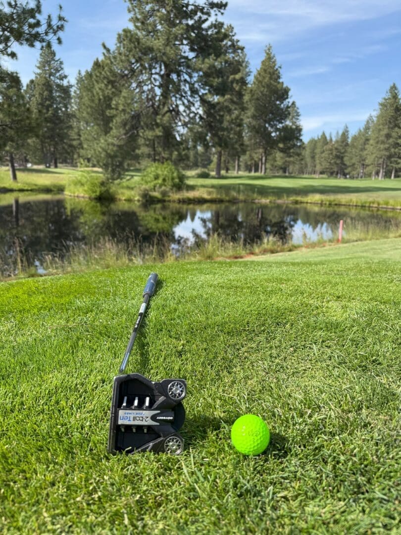 a Golf Putter and a Bright Green Golf Ball Rest on Grass Near a Pond with Tall Pine Trees and a Clear Blue Sky in the Background Creating a Scenic Golf Course Setting