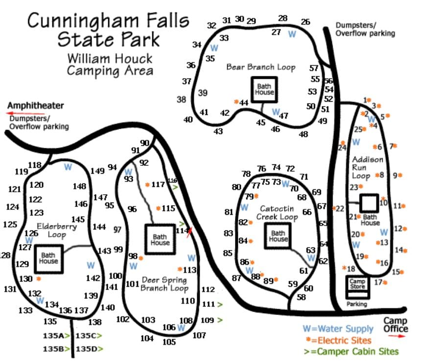 A detailed Cunningham Falls State Park campground map displays camp loops, site numbers, bathhouses, water and electric sites, camper cabins, dump stations, parking, roads, and the camp office with color-coded symbols for amenities.