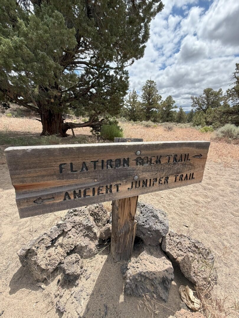 A weathered wooden trail sign stands in sandy terrain, surrounded by rocks. It points left to Flatiron Rock Trail and right to Ancient Juniper Trail. Juniper trees and dry grass are visible under a partly cloudy sky in the background.