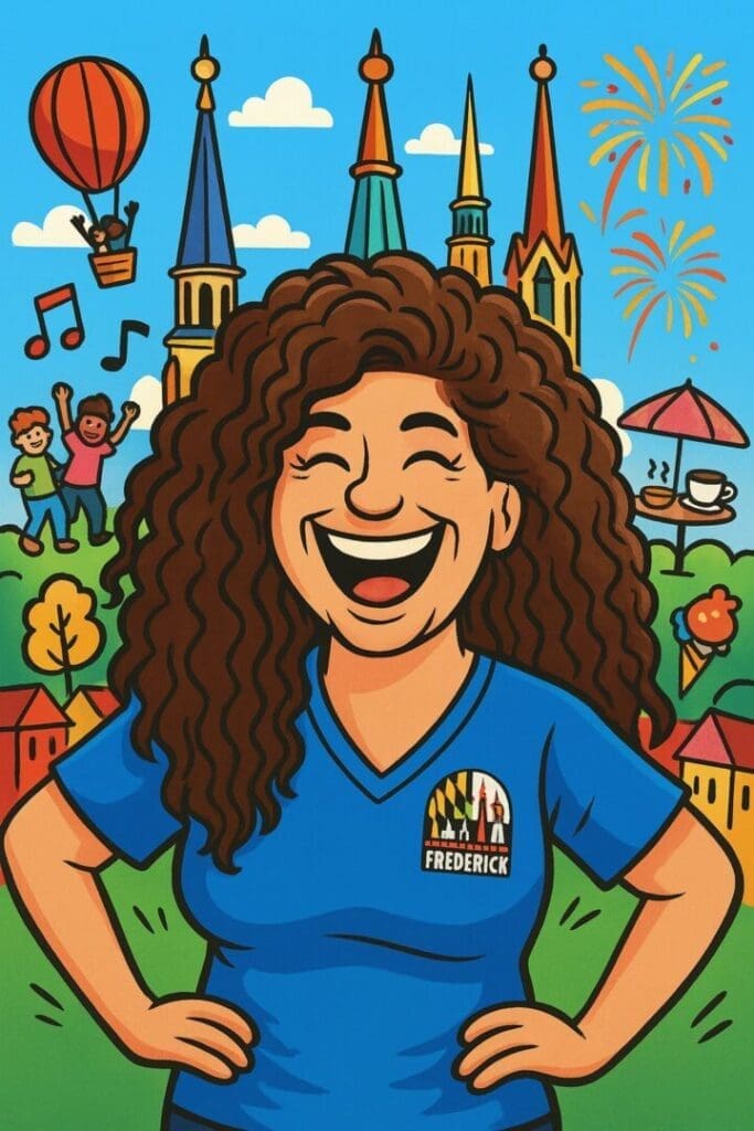 a Smiling Woman with Curly Hair and a Blue Frederick Shirt Stands in a Colorful Park As Fireworks Music Notes and Crowds Capture the Festive Spirit of an Everything Frederick Live Community Event