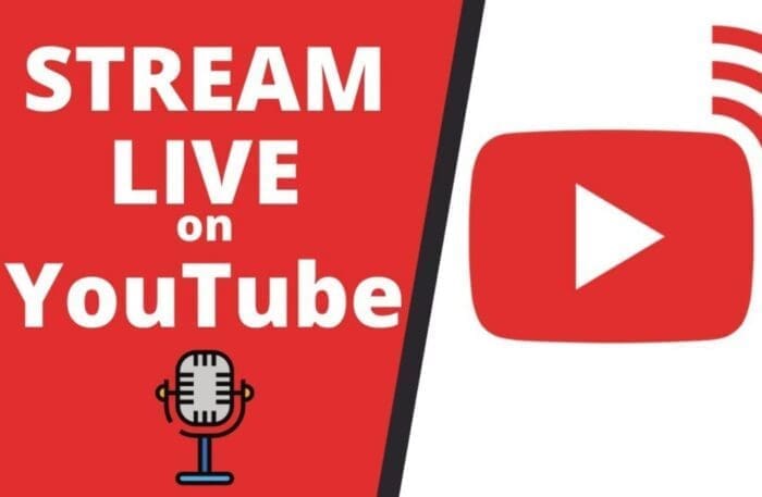 Red and White Graphic with Bold Text stream Live on Youtube a Large Youtube Play Button Appears on the Right Below a Retro Microphone Hints at Broadcastingperfectly Capturing the Spirit of Everything Frederick Live