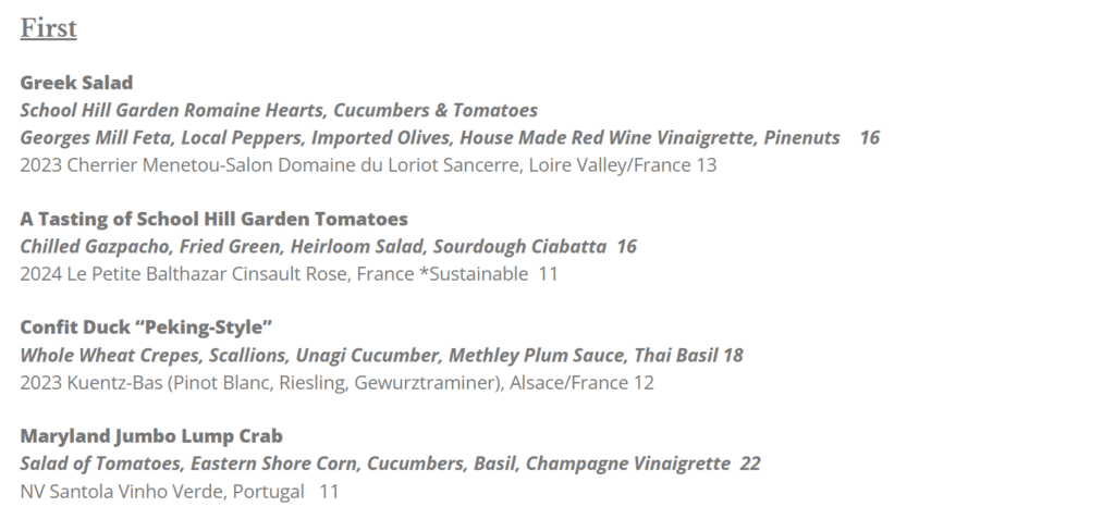 the Market Table Bistros First Menu Features Greek Salad a Tasting of School Hill Garden Tomatoes Confit Duck Peking style and Maryland Jumbo Lump Craball with Detailed Descriptions Wine Pairings and Prices from $11 to $22