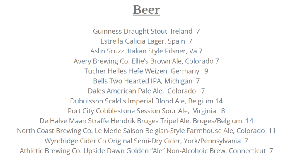 a Beer Menu at Market Table Bistro Lists 12 Beers and Ciders by Type Location and Price Options Include Stouts Lagers Ipas Ciders and a Non Alcoholic Ale from the Us and Europe Ranging from  to 