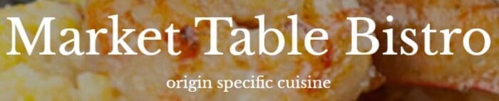 White Text Reads Market Table Bistro and Origin Specific Cuisine over a Blurred Background of Food Possibly Scrambled Eggs and Roasted Meat Capturing the Essence of a Bistro Known for Locally Sourced Seasonal Dishes