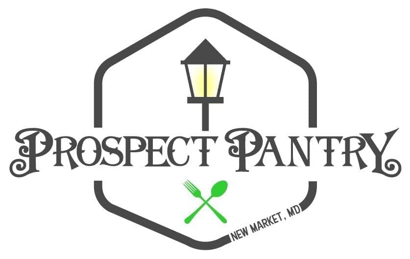 A hexagonal logo featuring a black street lamp with a yellow glow above the stylized text Prospect Pantry. Below, a green fork and spoon cross over each other, highlighting New Market MD along the lower right edge.