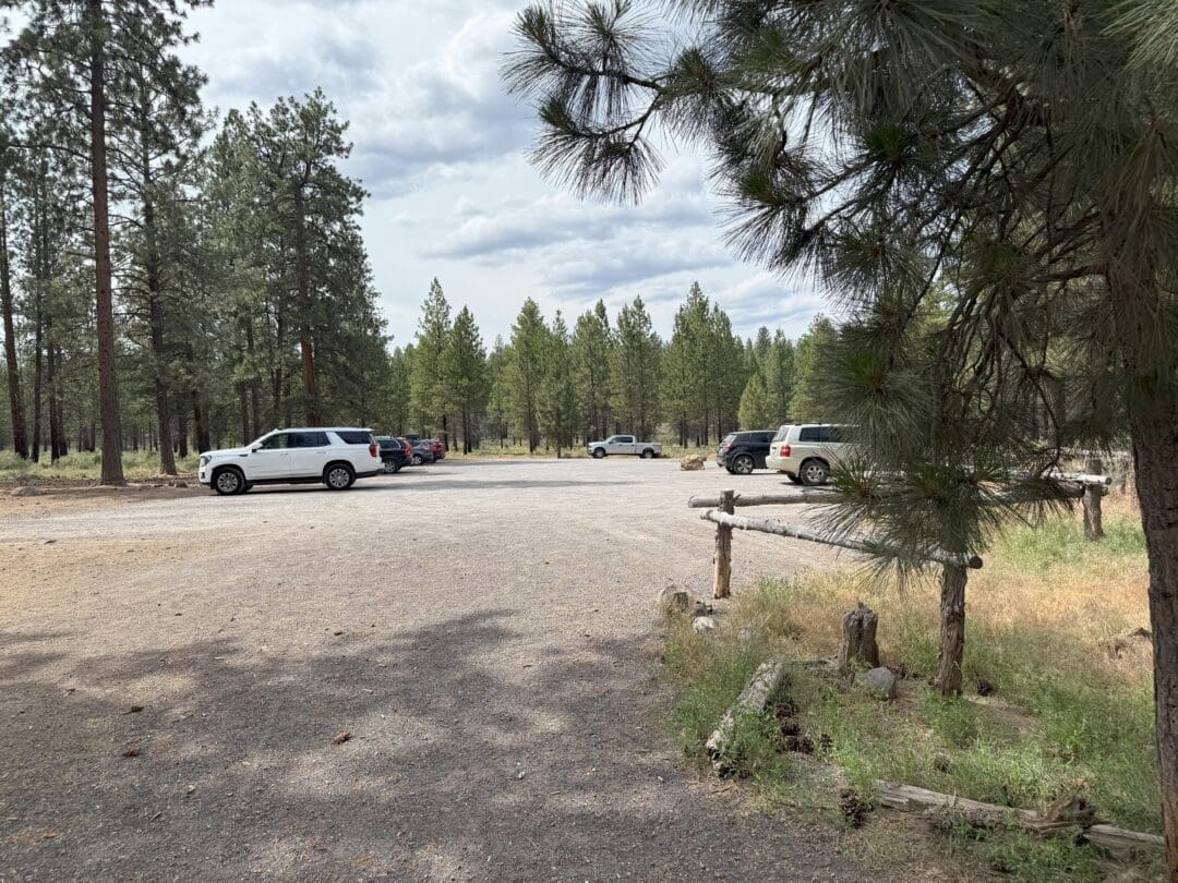 a Gravel Parking Area Along Rimrock Trail Sits Quietly in a Forest Surrounded by Tall Pine Trees a Rustic Wooden Fence Borders the Right Side While a Cloudy Sky Looms Above Enhancing the Remote and Natural Greenery Throughout