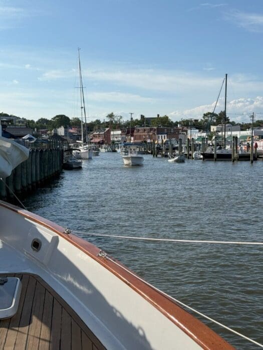 View from a boat’s deck in MD showing a marina with docked boats, calm water, and waterfront buildings beneath a blue sky. Wooden piers and sailboat masts stand out—a relaxing scene among the many things to do in Frederick.