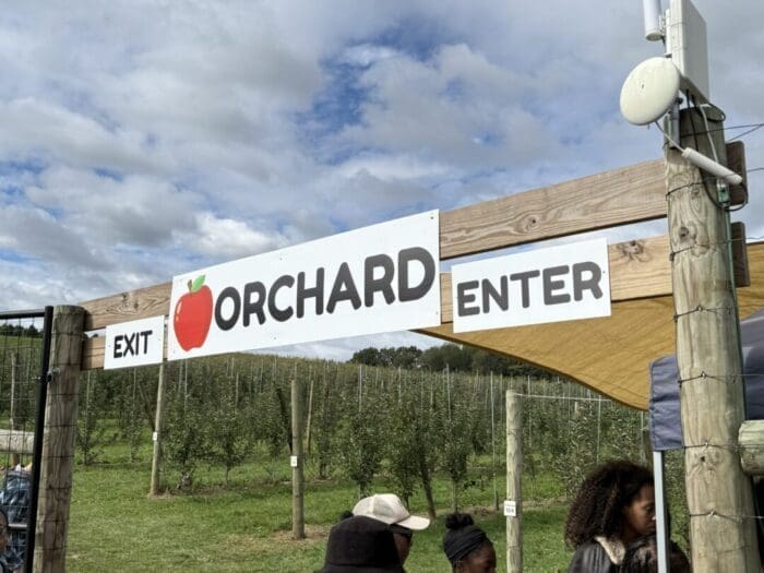a Wooden Sign at Gaver Farm Reads exit Orchard Enter with a Red Apple Graphic Replacing the o in orchard Several People Stand Below with Rows of Green Trees and a Mostly Cloudy Sky in the Background