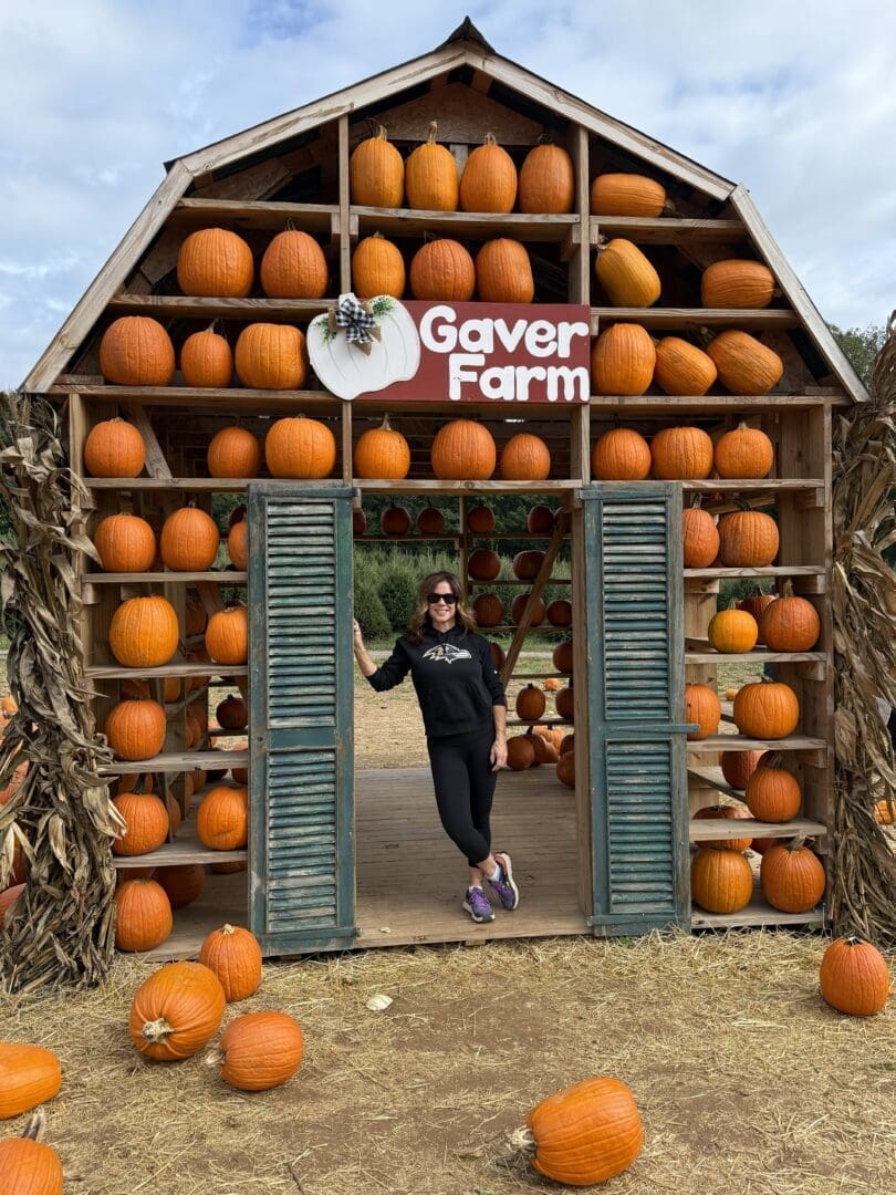 a Woman in Sunglasses and Black Clothes Stands in the Doorway of a Wooden Pumpkin House at Gaver Farm Surrounded by Pumpkins on Shelves and Festive Corn Stalks Hay Covers the Ground As a Gaver Farm Sign Welcomes Visitors to This Autumn Scene