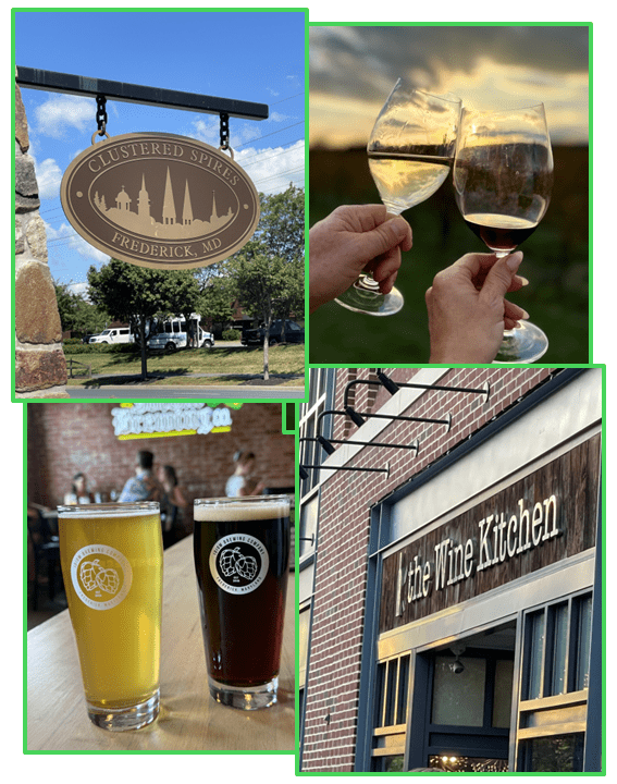 A collage shows: a Clustered Spires brewery sign outdoors; two hands clinking white wine glasses; two beers—one pale, one dark—on a bar; and the exterior signage of The Wine Kitchen, an EpicFrederick partner, on a brick building.
