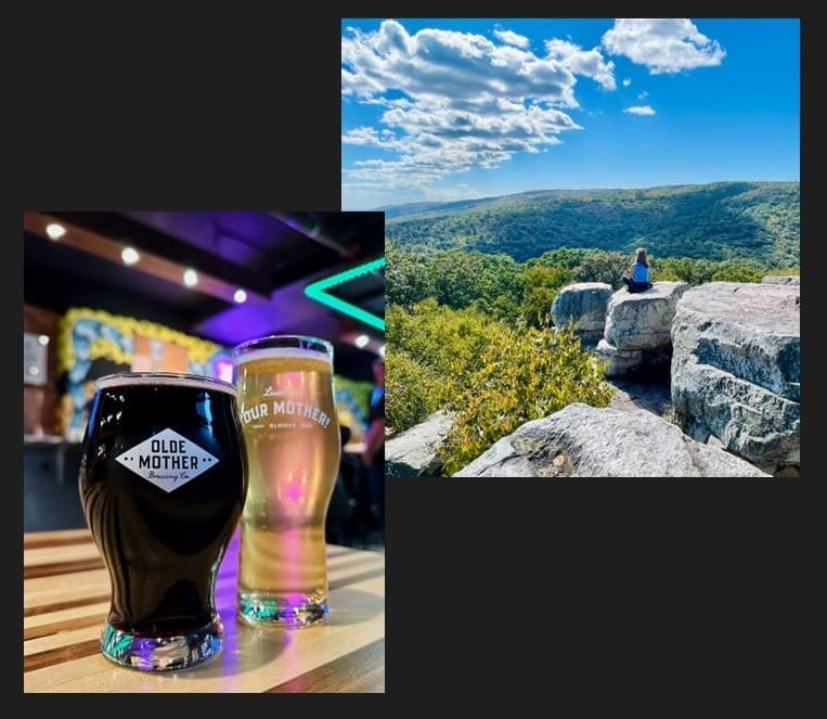 A split image: left, two branded beer glasses—one dark, one light—on a wooden bar at Olde Mother Brewing Co., highlighting their partnership with EpicFrederick; right, a person sits on a rocky cliff overlooking a lush green forest.