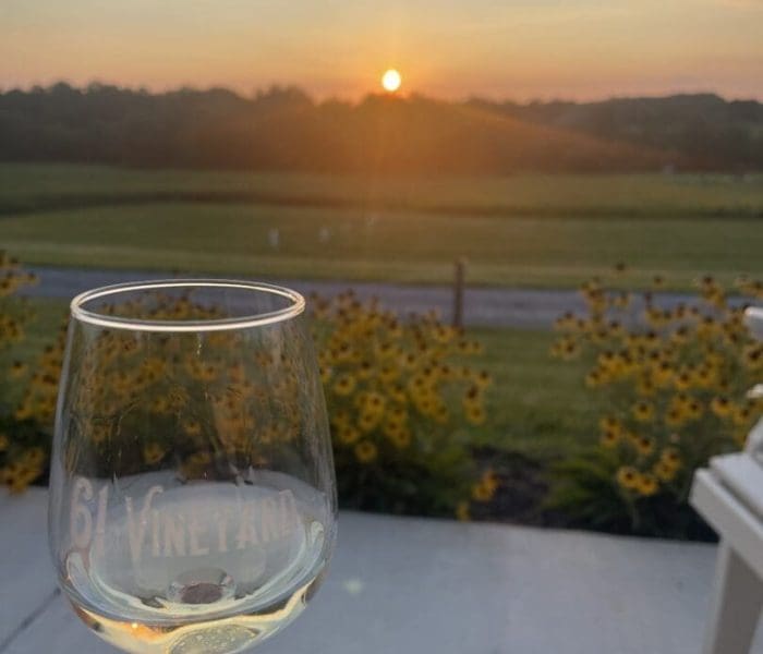 A hand holds a glass of white wine with 6 Vineyard etched on it. Yellow flowers and green fields in New Market, MD, stretch beyond a patio, while the sun sets behind low hills and scattered clouds, creating a warm, tranquil atmosphere.
