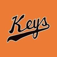 The image shows the word Keys in bold, black, cursive script with a white outline, resembling a baseball team logo, set on an orange background—perfect for highlighting the Frederick Keys schedule. The K's underline mimics a baseball bat.